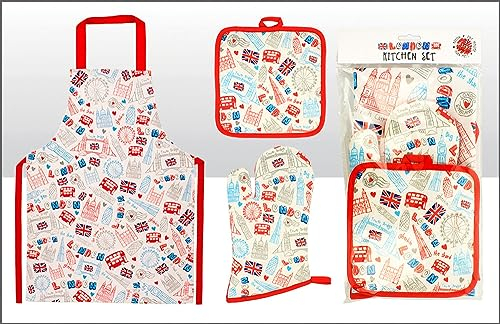 Elgate London Landmarks Doodles 3 Piece Oven Mitt Gloves Pot Holder & Apron Kitchen Set For Cooking and Baking 100% Cotton Gift Souvenir