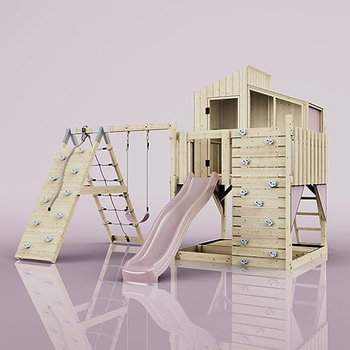 Rebo Outdoor Spielturm mit Wellenrutsche | Spielhaus aus Holz mit Kinderschaukel, Kletterwand, Kletternetz | Stabile Konstruktion, Weiches Gefühl in den Seilen