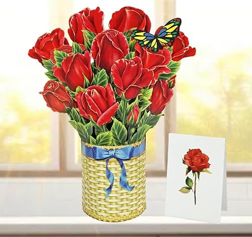 CUTPOPUP Bouquet di Rose Rosse - Biglietto Auguri Compleanno, Biglietto Festa della Mamma, 3D Biglietto Compleanno per Moglie, Mamma, Figlia, Lei, Ragazza (Red Roses Bouquet) US8-67IT