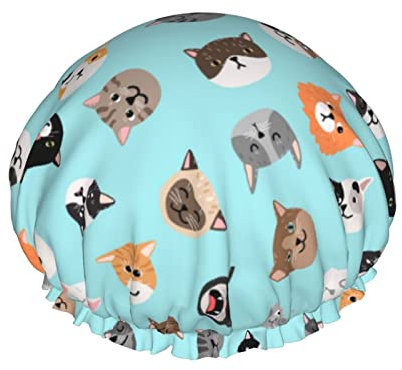 Cats Characters Shower Caps for Women, Elastic Reusable Bathing Hair Cap Environmental Protection Hair Bath Caps, Double WaterproofBathing Shower Hat