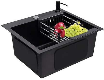 Quiltern Fregadero de acero inoxidable 304, negro, empotrable, cuadrado, acero inoxidable, 40 x 45 cm, con bajante y dispensador de jabón