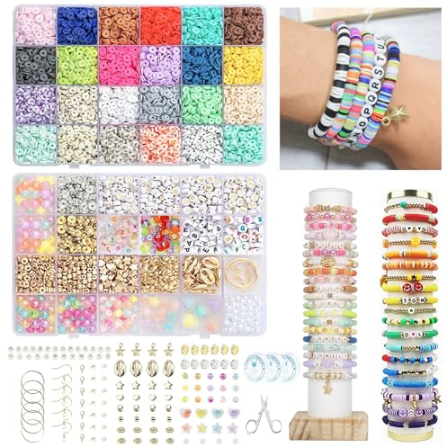 FIVAVA Perlen für Armbänder 8000+, Clay Perlen zum Auffädeln 24 Farben, Armbänder Selber Machen für Perlen Set, Ketten Freundschaftsarmbänder Selber Machen Set