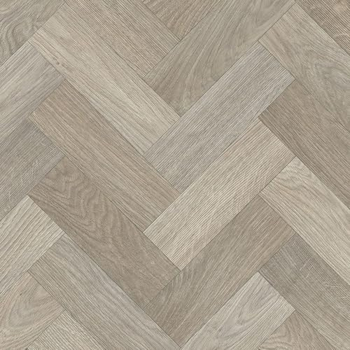 Beige Wood Effect Anti-Slip Herringbone Pattern Vinyl Flooring forLivingRoom, Hallways, Kitchen, 2.8mm Thick Cushion Backed Vinyl Sheet-2m(6'6) X 2m(6'6)-4m²