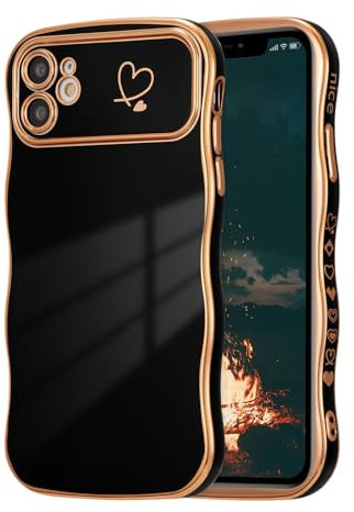 ZTOFERA Compatible with iPhone 12 Case for Girls Women, Cute Curly Wave Frame Shape Soft Silicone Case with Love Heart Pattern Camera Protection Golden Edging Shockproof Cover, Black