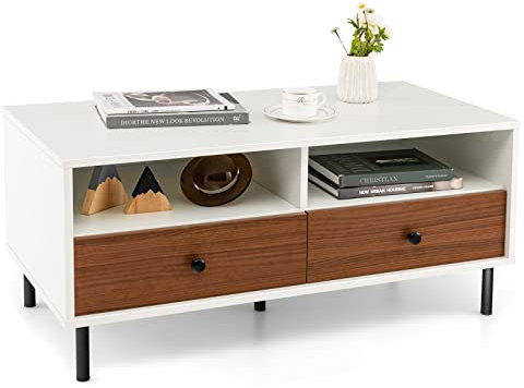 COSTWAY Couchtisch mit 2 Schubladen & 2 Ablagen, Wohnzimmertisch rechteckig mit Stauraum, Kaffeetisch Sofatisch für Wohnzimmer, Schlafzimmer, Weiß + Braun