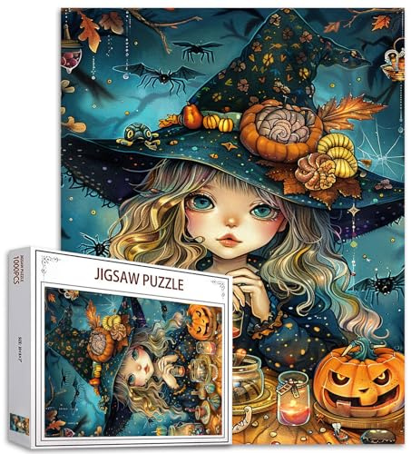 Halloween-Kürbis-Mädchen-Puzzle, 1000 Teile, Hexenhut, Mädchen, Kunst, schwierige Puzzles für Erwachsene, niedliche Halloween-Puppe, Herausforderung, bunte Puzzles für Erwachsene, 1000 Teile