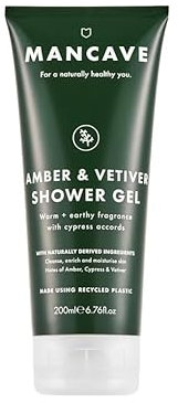 ManCave Amber Vetiver Mens Shower Gel, Body Wash, Natural Ingredients, Vegan, Eco-Conscious and Cruelty-Free, Invigorating Shower Gel for Men with Rich Amber, Fresh Cypress, Body Wash for Men, 200ml