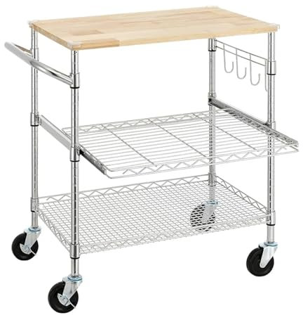 Estante de almacenamiento de cocina Carrito de cocina con ruedas de 3 niveles con tablero de madera de roble, carrito con isla de cocina, carrito for microondas y carrito de café con ganchos for comed
