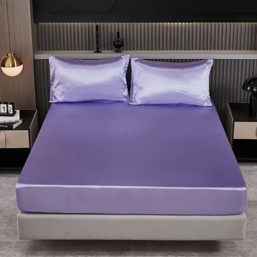 Nayoroom Spannbettlaken 200x200 cm Boxspringbett Flieder Lila Satin Bettlaken Violett Entspanno Seide Glanzsatin Matratzenbezug Gummizug Matratzentopper Spannbetttuch für Topper Matratze bis Höhe 30