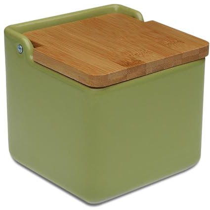 TIENDA EURASIA - Salero de Cocina de Cerámica | Tapa Abatible de Bambú | Salero | Medida 12 x 12 x 11 cm | Saleros Originales (Verde)