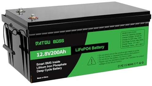 DATOUBOSS LiFePO4 Batteria Litio 12v 200Ah con 200A Protezione BMS, Fino a 15000 Cicli e 10 Anni Di Durata, per Camper, Barca, Kit di Pannelli Solari, Campeggio, Casa