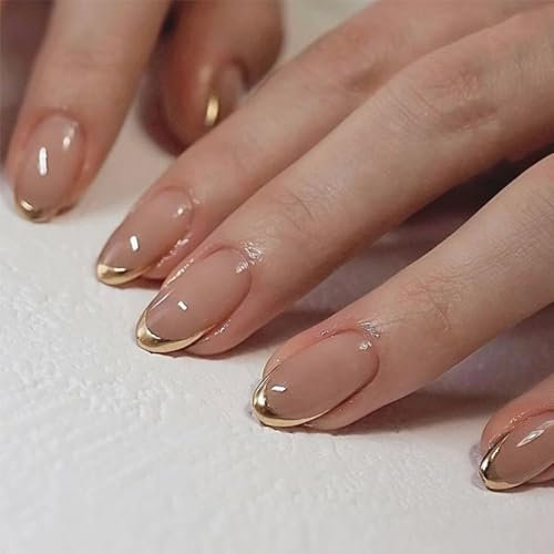 24pcs False Nails French Tip - Nude Gold Edge Press on Nails Short Almond - Strong Fake Nails with Glue - Full Cover Stick on Nail for Women French Nail Art