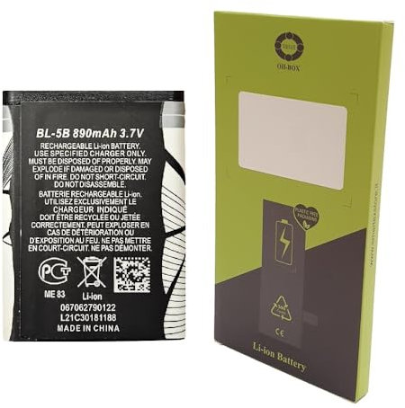 OH-BOX® Batterie Compatible avec Nokia BL-5B modèles Nokia 3220, 3230, 5070, 5300, 6021, 6060, 6070, 6080, 6120, 6121, 6124, 7260,7360, N80, N90