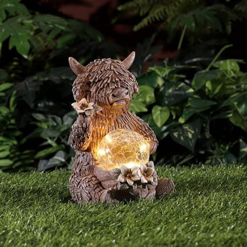 New Solar Powered Charming And Stylish Black Finish Highland Cow With Crackle Ball Solar Light Garden Ornament Ideal For Gardens, Pathways, Patios, And Driveways Any Outdoor Decor -G14