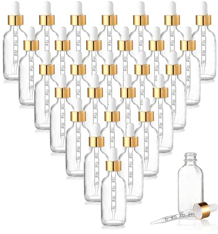 Lot de 20 flacons compte-gouttes en verre transparent de 50 ml avec pipette doseuse, flacons vides en verre pour huiles, teintures, cosmétiques, liquides, étanches, avec étiquettes et entonnoir