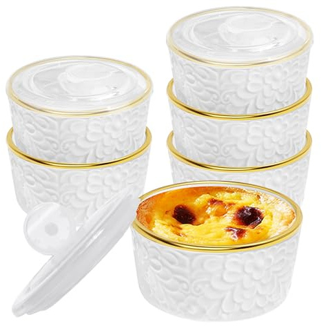 6 Sets Ramekins Oven Safe with Lids, 8 OZ Creme Brulee Ramekins Embossed Flora White Ceramic Ramekin Baking Dish for Souffle Custard Dips Soup Small Bowls for Dessert Appetizers Meal Prep Thanksgiving