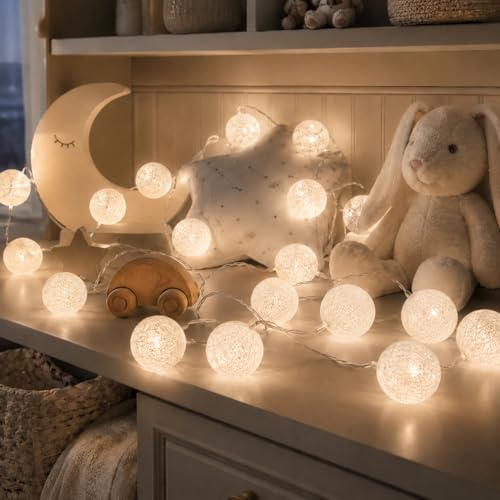 LED Lichterkette Baumwollkugeln,3M 20LED Lichterkette Innen Kugeln,6cm Lichterkette Kinderzimmer,Baumwollkugeln lichterkette für Kinderzimmer,Hochzeit,Weihnachten,Party Deko