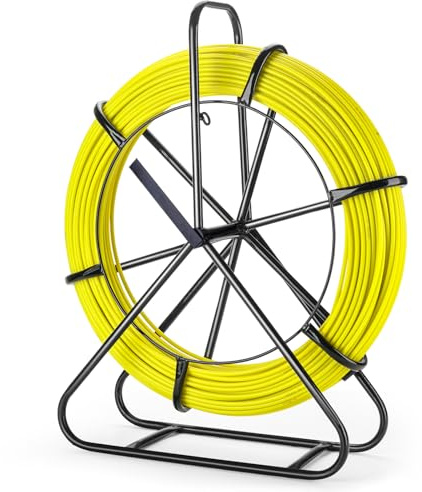 Fish Tape with Hand Brake, 656FT x 6MM (1/4) Fiberglass Duct Rodder, Steel Reel Stand & Guide Cage for Electrical Cable Pulling in Conduit & Walls