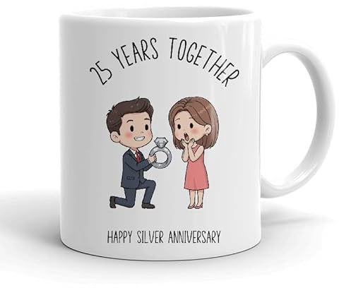 VIROSA 25 Years Silver Anniversary Mug – 11oz Ceramic Coffee Cup Gift for Husband, Wife, Couples – Twenty-Fifth Wedding Anniversary Present Idea, Romantic Keepsake
