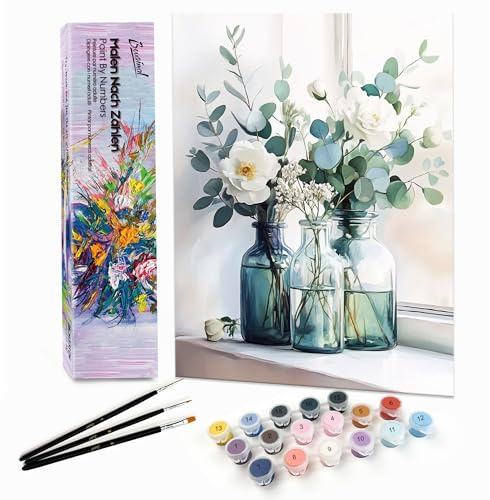 Bougimal Malen Nach Zahlen Erwachsene Landschaft Ohen Rahmen inklusive Pinsel und Acrylfarben - 28x35cm, Bunte Blumen 64