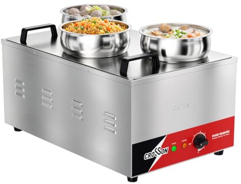 crosson Bagnomaria Elettrico Professionale con 3 Contenitori in Acciaio Inox con Coperchi (3x4 L),Scaldavivande Stazione di Zuppa 30°- 85°C per Feste,Mense,Ristoranti a Buffet,1200W