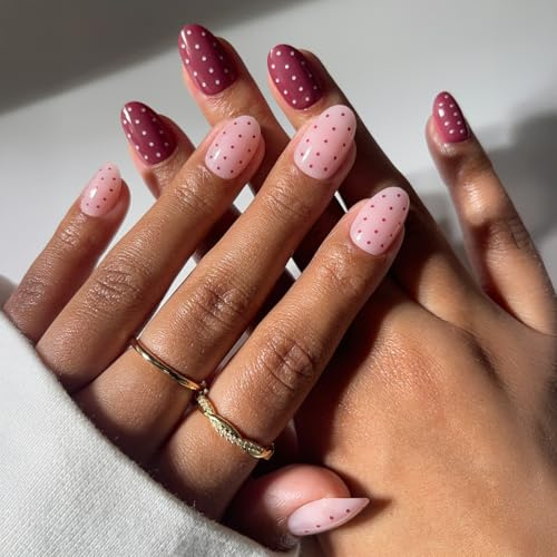 Glamnetic Press On Nails - Cute As Cherry Pie | Short Oval Fake Nails in Red & Pink with Polka Dot Design, Glossy Finish, Salon Quality | 15 Sizes - 30 Nail Kit with Glue