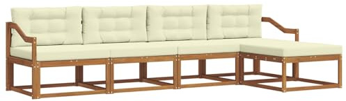 vidaXL Outdoor-Sofagarnitur mit Kissen 5 pcs Natur und Creme, Outdoor-Möbel-Set, modernes Patio-Sofa, wetterfestes Lounge-Set, Latten-Sofa, modulares Sofa
