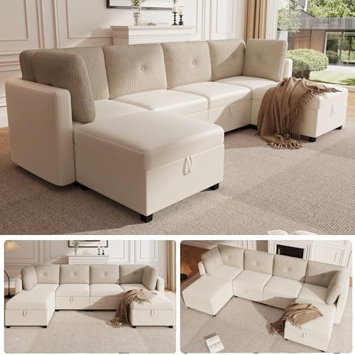 Hmluxury Modulares Eck-Set U-Form/L-Form Sofa Bett Stauraum Samt Cord Kontrast Flexibel Kombinierbar