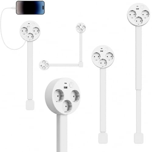 Alargador extensible de 45-70 cm, 3 enchufes con USB-C y USB-A, regleta orientable 180° para enchufes difíciles de alcanzar, ampliable y giratorio, para oficina, cocina y sala de estar