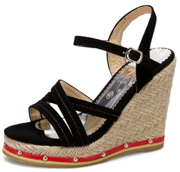 Generico Scarpe con Tacco A Cuneo Massiccio in Corda in Pelle PU Similpelle Fascia Incrociata Punta Aperta Tracolla Caviglia Regolabile con Fibbia Estate Appuntamento Serata