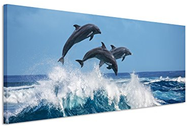 Unique Wunderschönes Wandbild 150x50cm Tierbilder – DREI springende Delfine über Einer Meereswelle