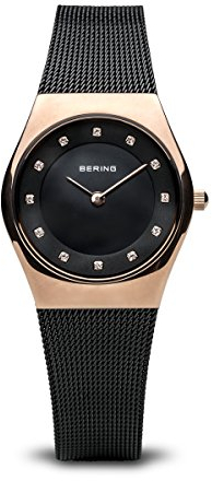 BERING Damen Quarz Uhr | Armbanduhr 27 mm roségoldenes Edelstahlgehäuse und schwarzes Zifferblatt | Milanaisearmband | Saphierglas | 5 ATM | 11927-166