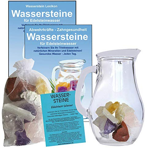 Wassersteine EDELSTEINWASSER Set 300g EDELSTEINE Entspannung, Anti-Stress, Relax zum WASSER energetisieren + 1,0L Glaskrug Karaffe. 5-tlg Set zur Wasseraufbereitung (Wasserenergetisierung). 90033-2