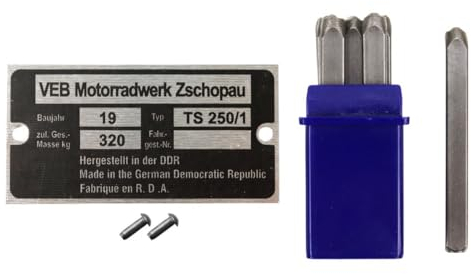Typenschild für MZ TS 250/1 mit Schlagzahlen und Kerbnägeln