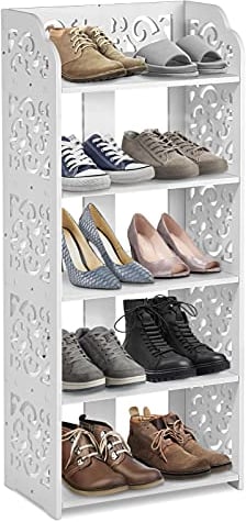 Schuhregal Weiß, 5-Tier Schuhablage Schmal Hoch Stehregal Shoe Rack White Schuhbank Klein Freistehende Schuhregal Bücherregal Schuhschrank Dekorative Regal für Flur Badezimmer Küche Wohnzimmer