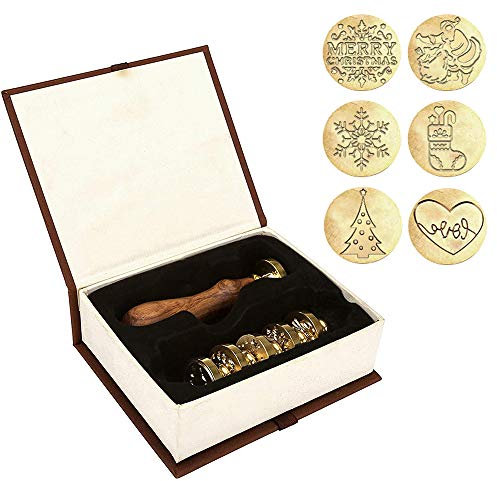 Wachssiegel Stempel Weihnachten, 6PC Klassische Vintage Kupferkopfdichtungen mit 1 Holzgriff, Wachs Siegel Stempel Set für Briefumschlag-Postkartenetikett Hochzeitseinladung