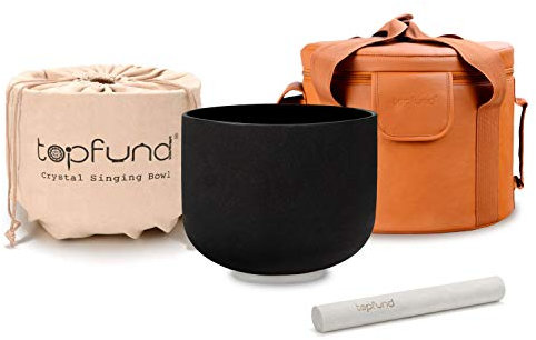 TOPFUND Black A Note Crystal Singing Bowl Third Eye Chakra 20 cm with Artificial Leather Carrying Case and Suede Striker