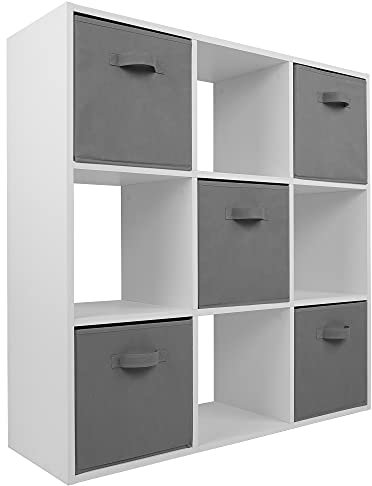 Charles Jacobs White 9 Cube Storage Shelving Unit + 5 Grey Fabric Drawers