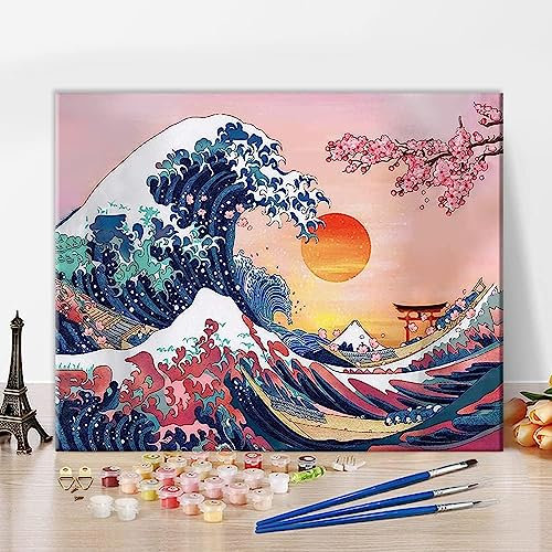 TISHIRON Kit de peinture par numéros à faire soi-même avec pinceaux et peinture acrylique pour enfants et adultes sans cadre Motif vagues et coucher de soleil 40,6 x 50,8 cm