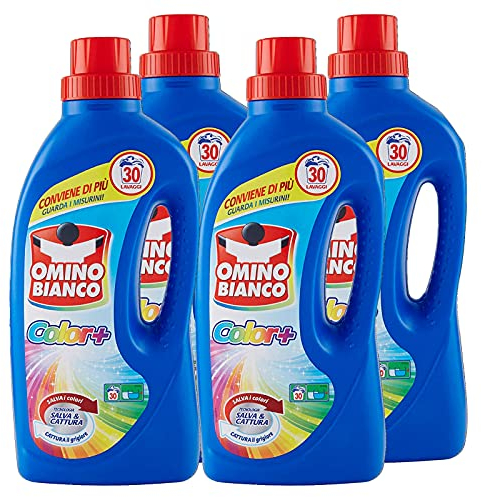 Omino Bianco - Flüssigwaschmittel Color+, speziell für farbige Kleidungsstücke, Technologie schont die Farben und fängt Grau ein, 35 Waschgänge, 1400 ml x 4 Flaschen
