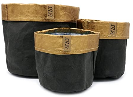 Sizo Waschbare Papiertüte | Geschenkbox | Deko-Box | Lederoptik | Übertopf | mit wasserdichtem, biologisch abbaubarem Innenfutter … (15cm x 15cm, Schwarz/Kupfer)
