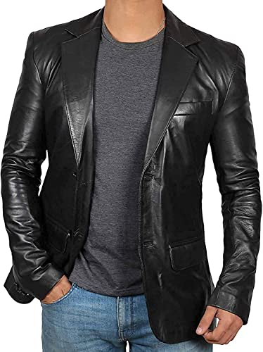 fjackets Lederblazer für Herren – Schwarz & Braun Echtes Lammfell Casual Herren Lederjacke Mäntel, Herren-Blazer aus Leder, Schwarz, L