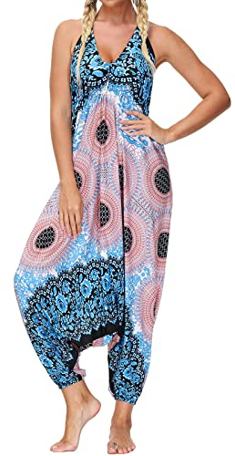 Nuofengkudu Damen Blumen Boho Jumpsuit V Ausschnitt Rückenfrei Overall Leichte Sommerkleid Outfits Strandkleid Sommermode Einheitsgröße S-Blau Rot