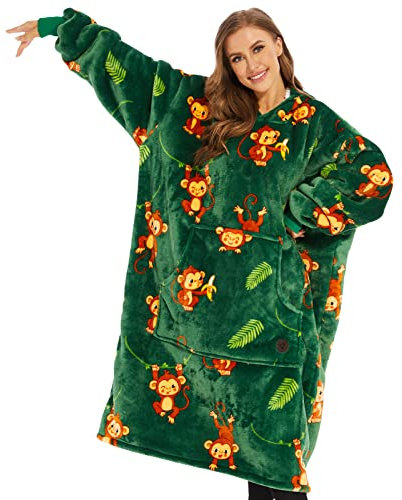 THREE POODLE Decken-Hoodie in Übergröße, Sherpa-Fleece-Kapuzendecke, ultraweiches, warmes, tragbares Decken-Sweatshirt für Damen, Herren, Erwachsene, Geschenkidee für Damen, Monkey, X-Large