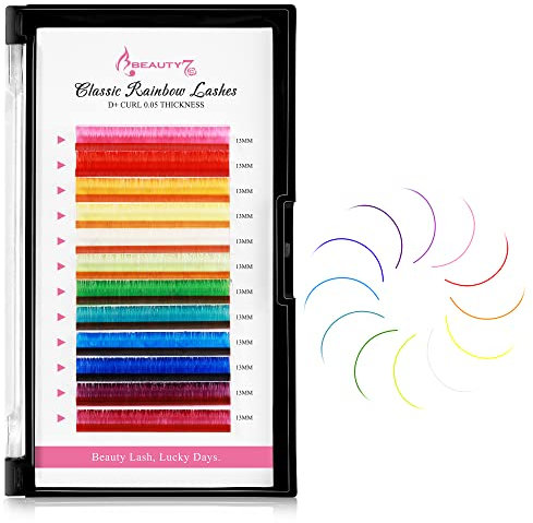 Beauty7 Lot 12 Colors Lash Extension D Curl 0,05mm Colorés Extension de Cils Individuels 13mm Longuer Cils a Cils Semi Permanents Cils Faux Cils