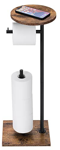 Support de papier toilette rustique avec étagère - Distributeur de papier toilette sur pied - Distributeur de papier de soie avec réserve pour salle de bain - Bois