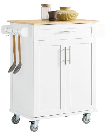 SoBuy Desserte de Cuisine à roulettes avec Plateau, 66 × 45 × 91 cm | Meuble de rangement avec tiroir et plan de travail, pour cuisine, salle à manger et restaurant, Blanc MDF FKW13-II-WN