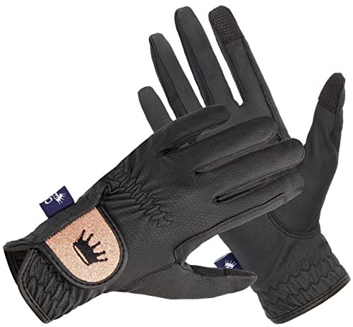 Equestrian Queen - Funktionelle Damen Reithandschuhe mit Touchscreen Kompatibilität, Rutschfestem Grip & Elegantes Design - Perfekt für den Reitsport - Bali (Schwarz/Rosegold, S)