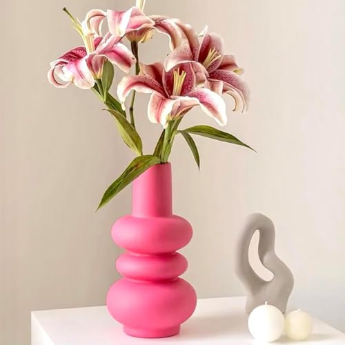 BLOFLO Hot Pink Creamic Vase, Boho-Stil Vasen für Tafelaufsätze, minimalistische Vase für Blumen, flippige bunte Blumenvase für Zuhause und Büro (3 Schichten)