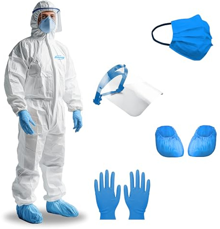 Zimchado Hazmat Suits, Shoe Covers, Face Mask and A Pair of Nitrile Gloves all Included – 5 sizes Level III, Type A Coveralls, White, L